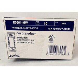 Leviton Decora Edge Push Click Switches E5601-MW 15A-120/277V AC/CA White 10 Pk